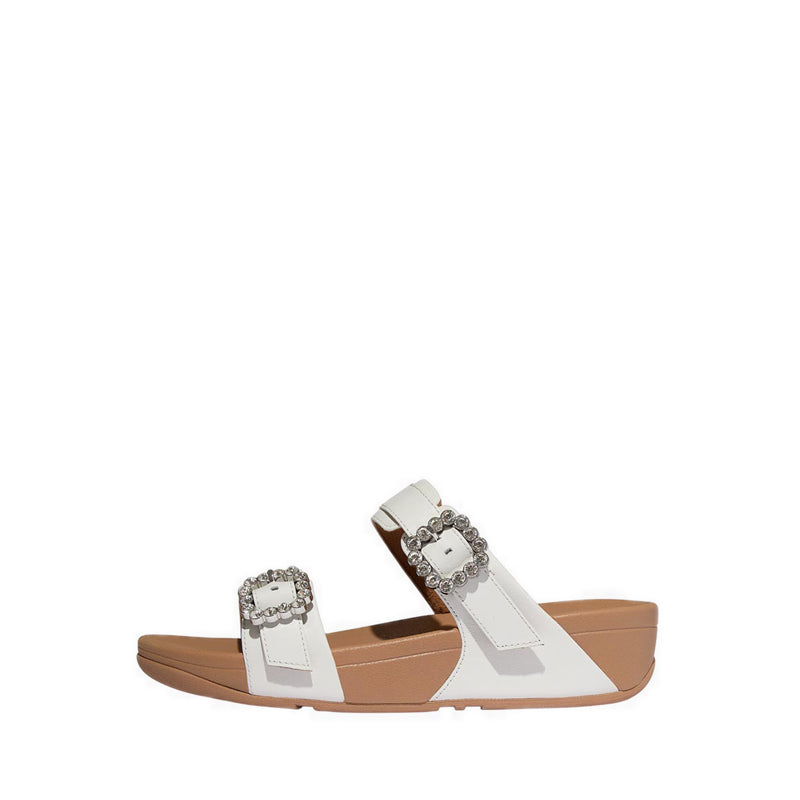 CRYSTAL-BUCKLE LEATHER SLIDES