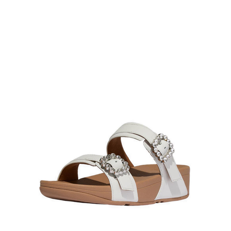 CRYSTAL-BUCKLE LEATHER SLIDES