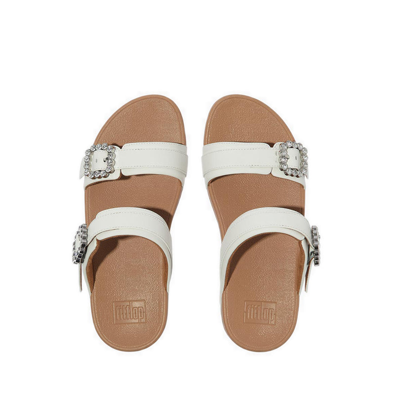 CRYSTAL-BUCKLE LEATHER SLIDES