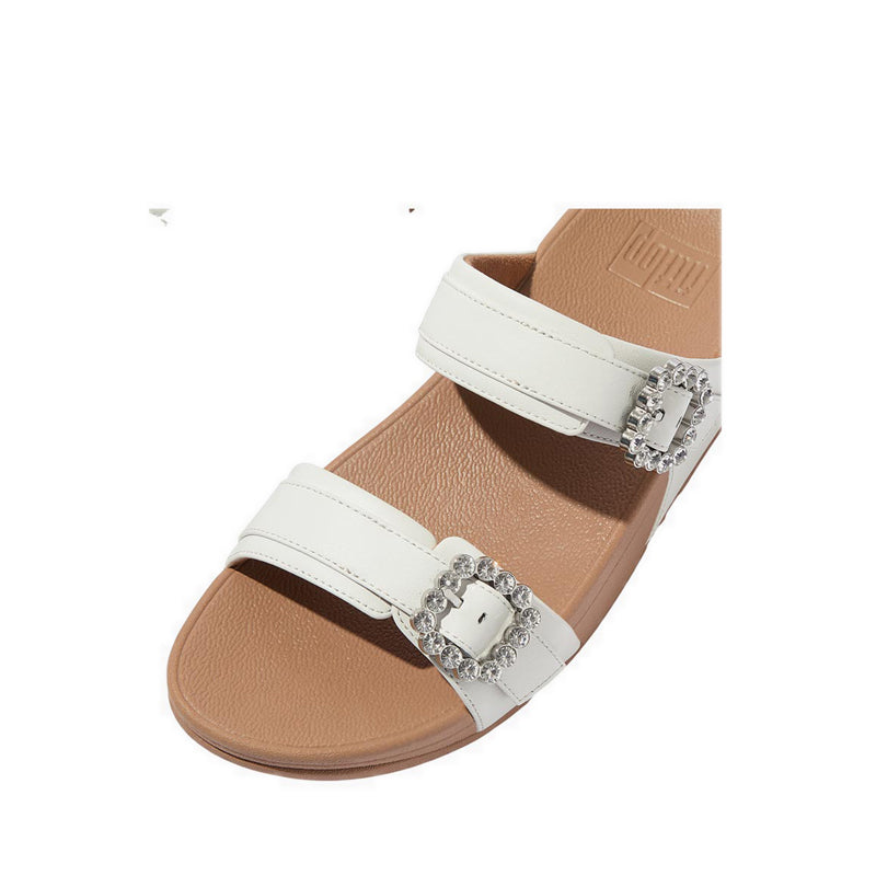 CRYSTAL-BUCKLE LEATHER SLIDES