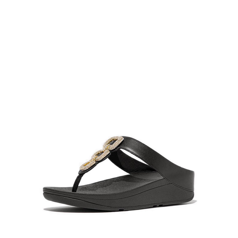 Crystal-Chain Leather Toe-Post Sandals