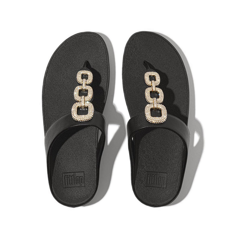 Crystal-Chain Leather Toe-Post Sandals